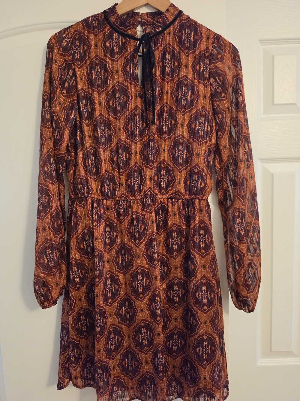 Women's Long Sleeve Printed Rust and Plum Dress